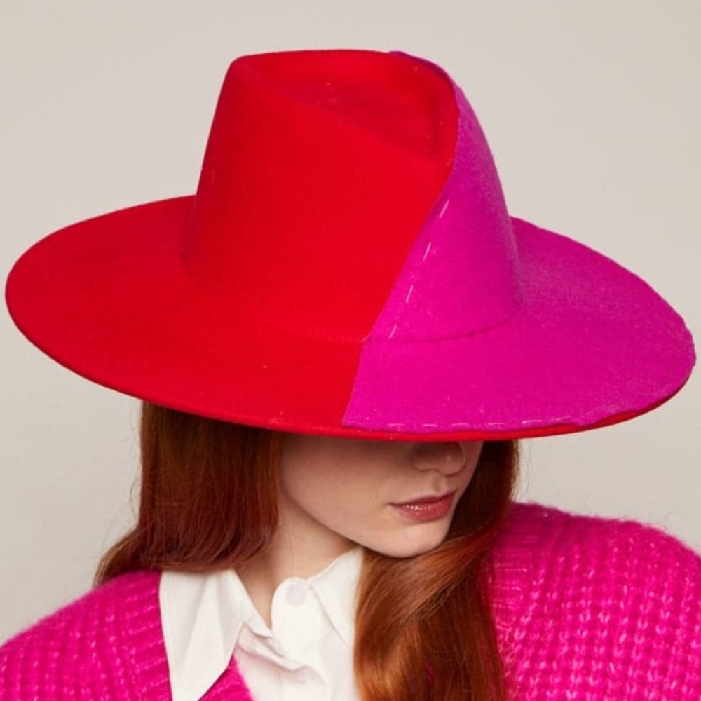 🆕EUGENIA KIM RED & FUCHSIA PINK PURPLE HARLOWE WIDE BRIM FEDORA GEOMETRIC CROWN